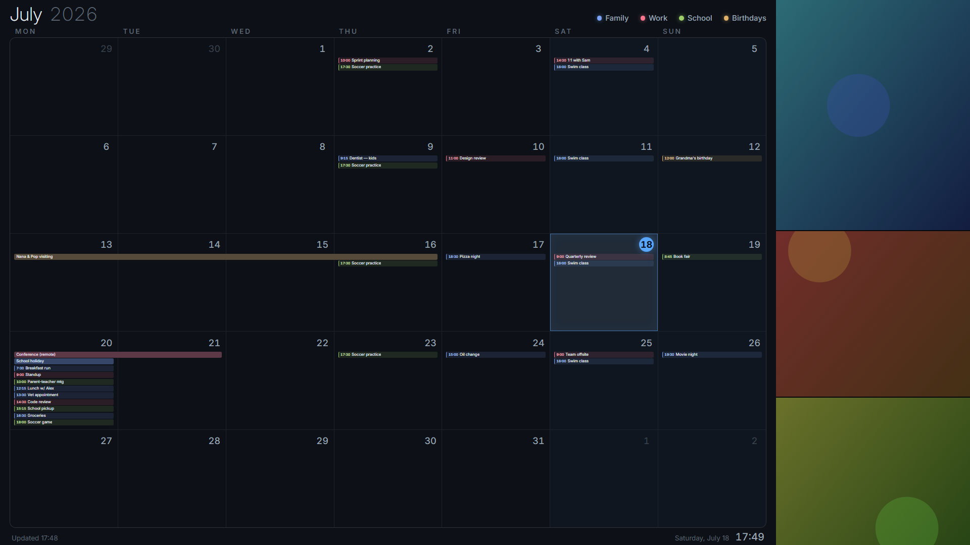Calendar Saver screensaver showing a full month family calendar in dark theme with colored events, a task list, and a photo collage